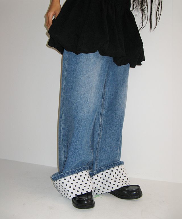 25SS新作デニム【RONRON】PATCH ROLL UP DENIM PANTS WHITE DOT MUSINSA | RONRON PATCH ROLL UP DENIM PANTS WHITE DOT
