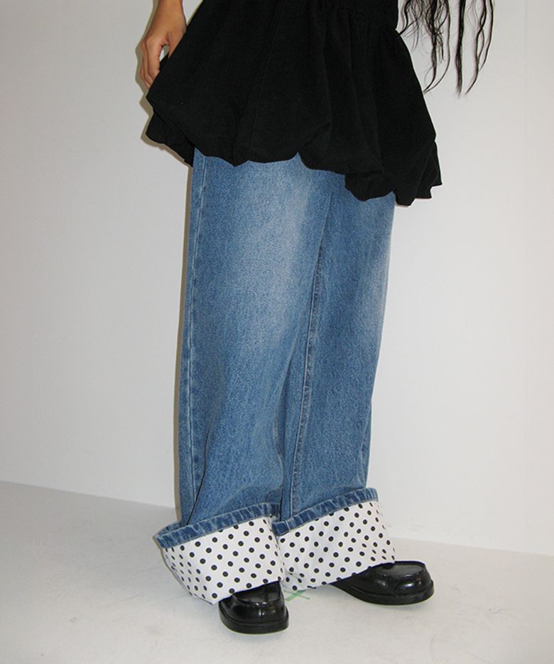 PATCH ROLL UP DENIM PANTS WHITE DOT