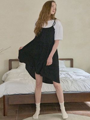 Ribbon Shirring Mini Dress - BLACK