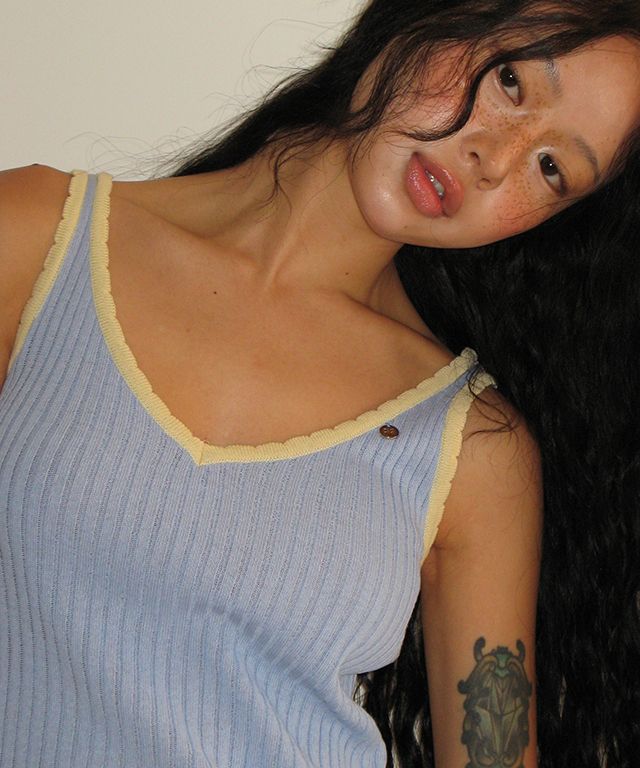 Tシャツ・カットソー RONRON GOLGI KNIT BLOCKING CHARM SLEEVELESS KNIT SOFT BLUE R MUSINSA | RONRON GOLGI BLOCKING CHARM SLEEVELESS KNIT SOFT BLUE