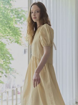 Ribbon Puff Long Dress - YELLOW