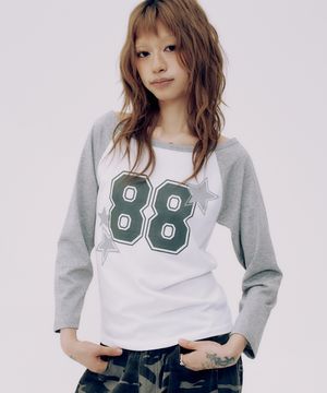 88 프린티드 세미크롭 칠부 나그랑 라운드넥 긴팔 티셔츠 _3COLOR