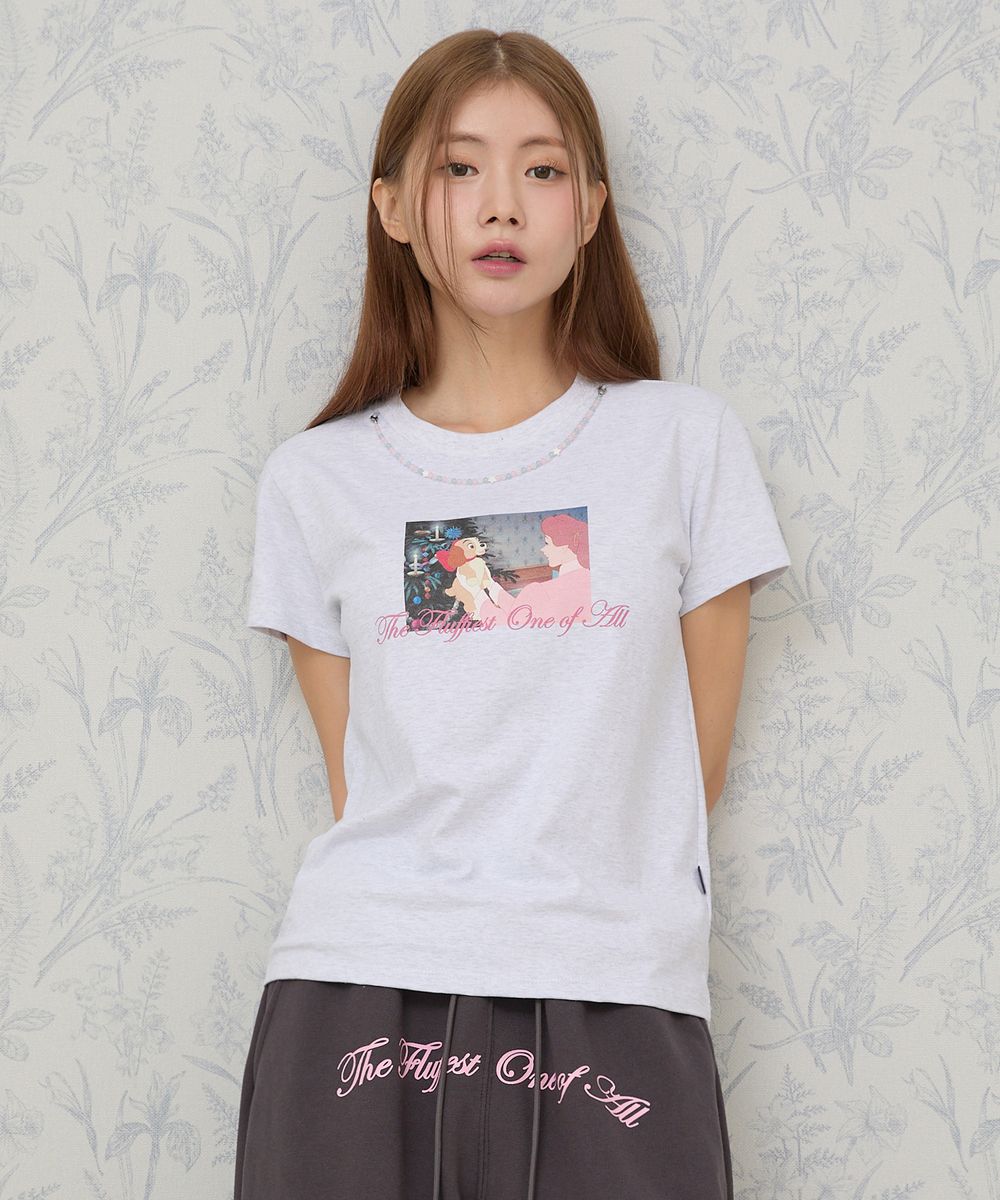 레이디 앤 더 트램프_비즈 반팔티셔츠 멜란지화이트