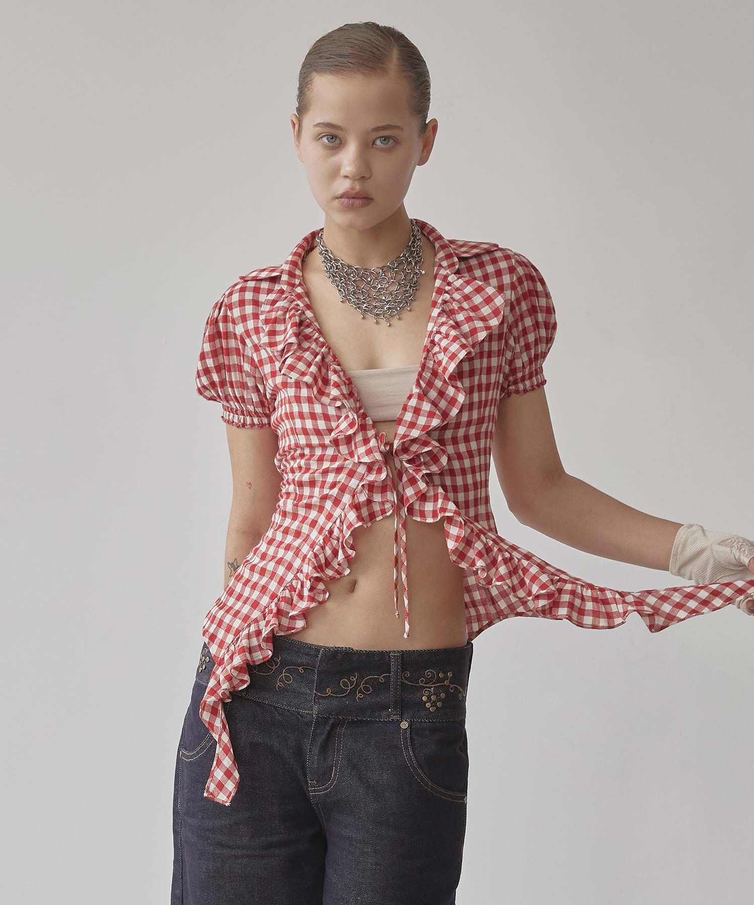 MUSINSA | SCULPTOR Cottage Open Blouse Red