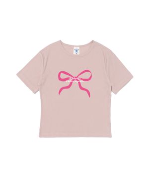 리본 프린팅 크롭 반팔 티셔츠 (핑크)