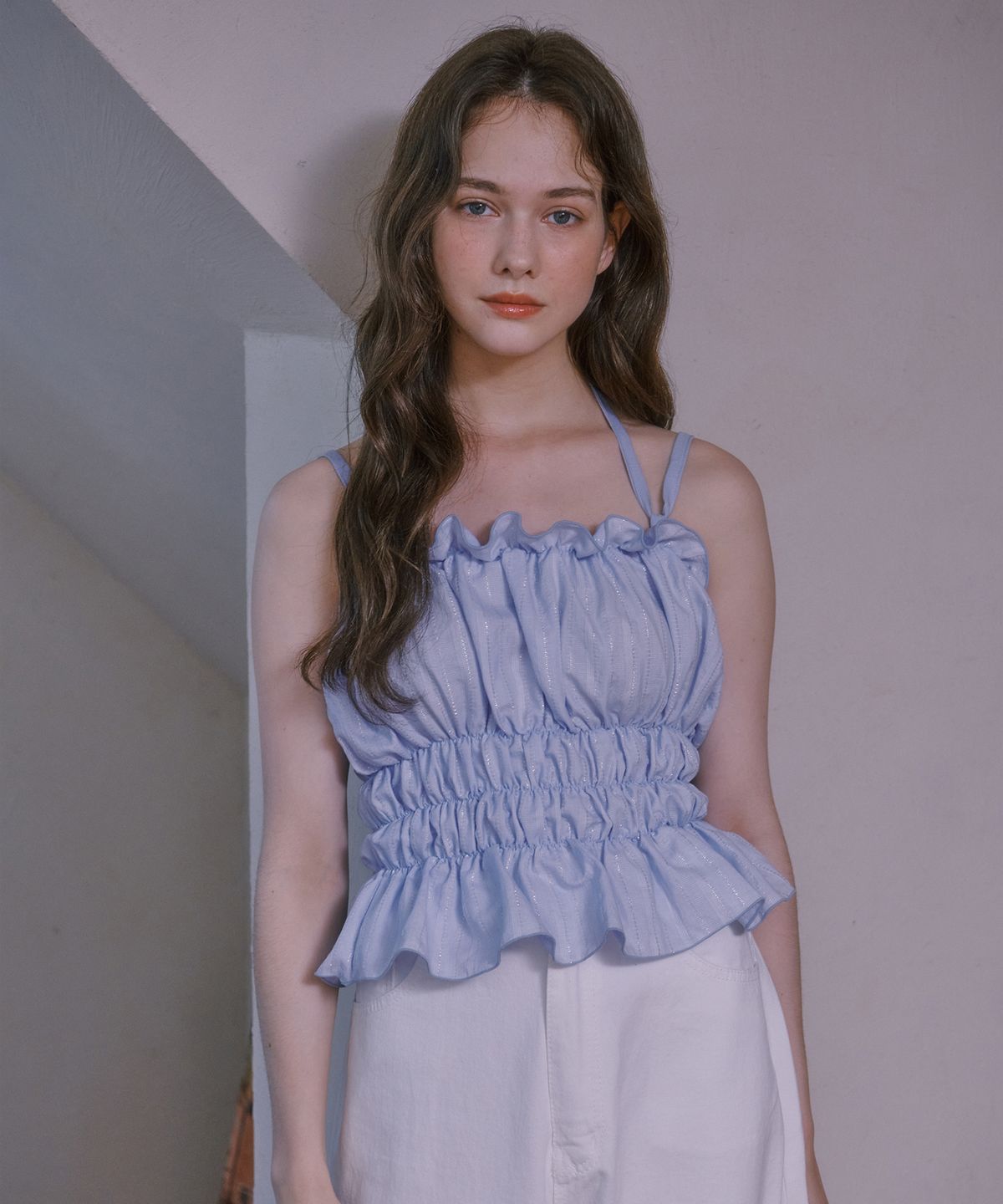 루루슈(LULUCHOU) Shirring Glitter Bustier - SKY BLUE