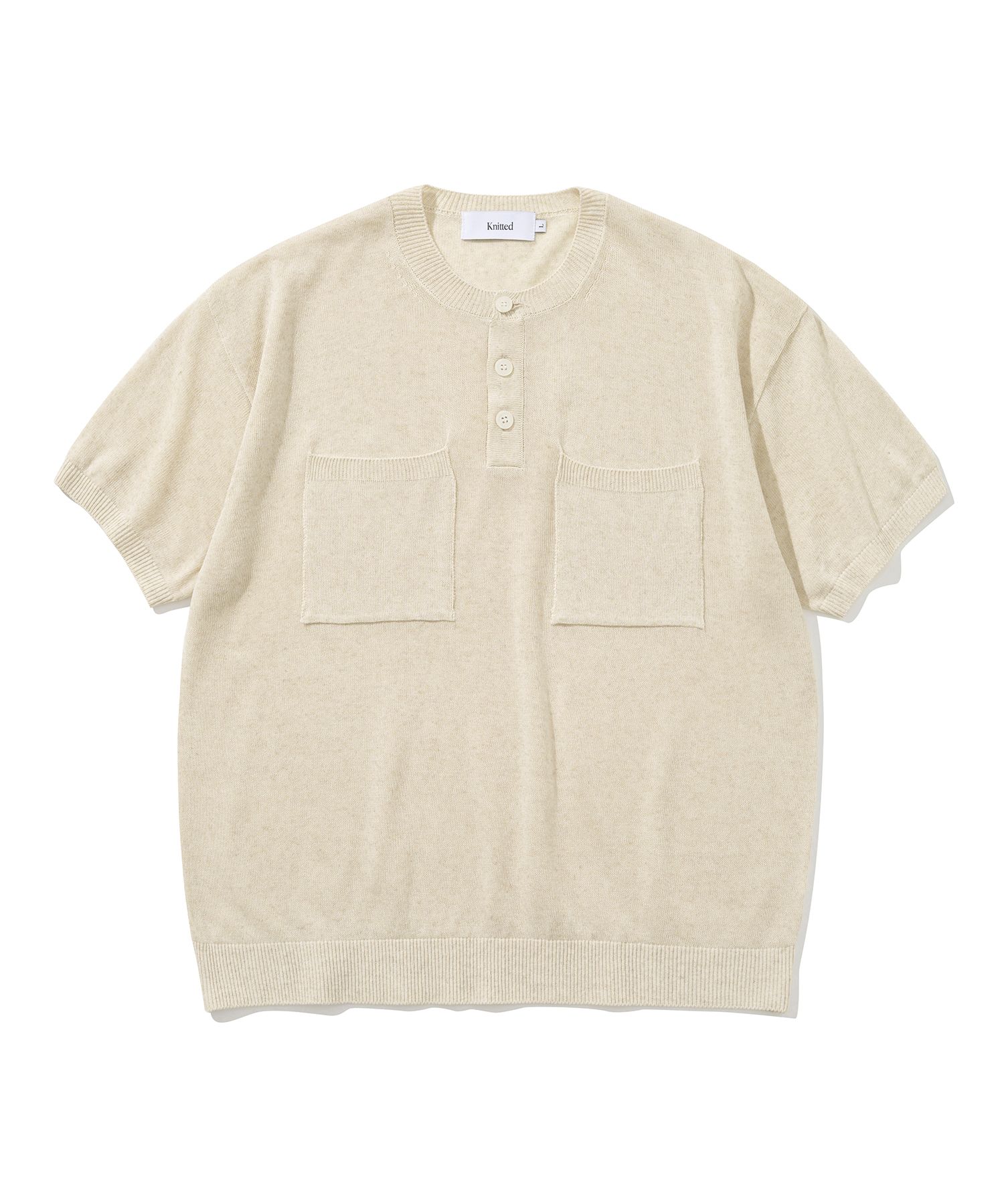 MUSINSA | KNITTED Linen Henley Neck Two-Pocket Knit OATMEAL