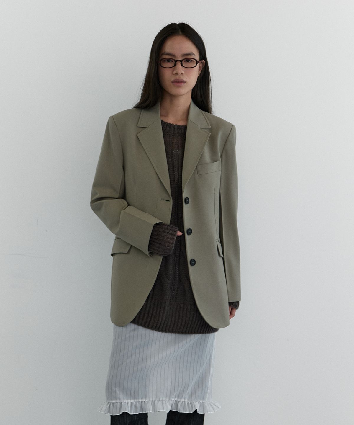 마조네(MA JOURNEE) SINGLE HIDDEN JACKET_OLIVE
