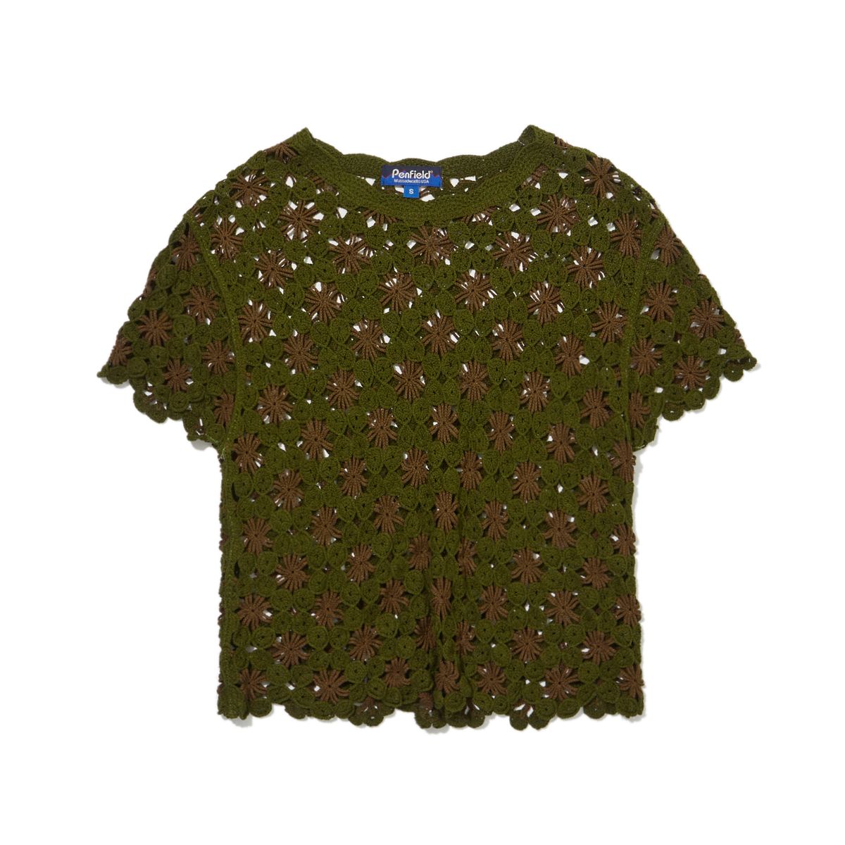 펜필드(PENFIELD) 우먼즈 데이지 배색 포인트 니트 숏 슬리브 카키_FR2KT21F