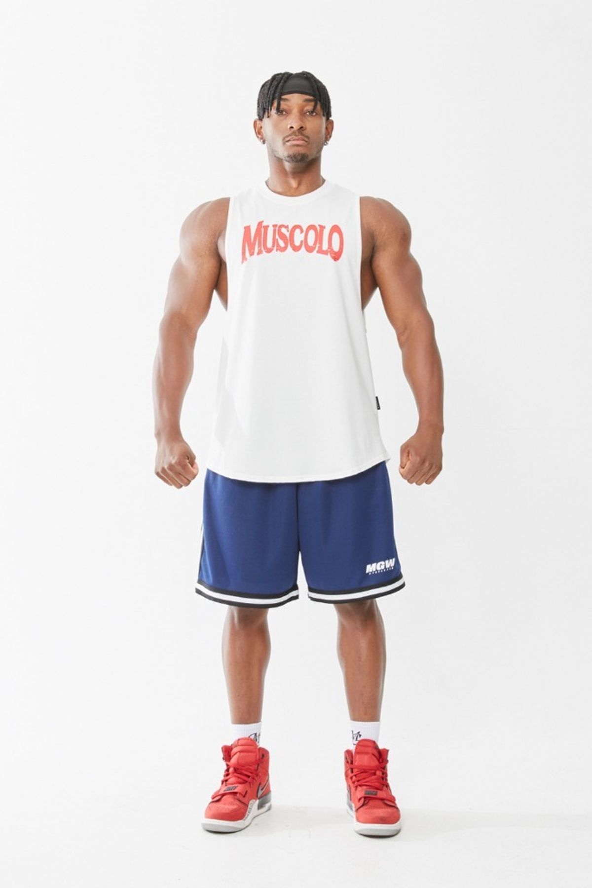 머스콜로(MUSCOLO) [빅로고] 딥컷 나시 화이트레드