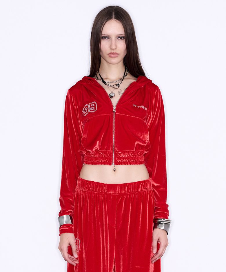 Hotfix Velvet Hooded Zip-up - Red