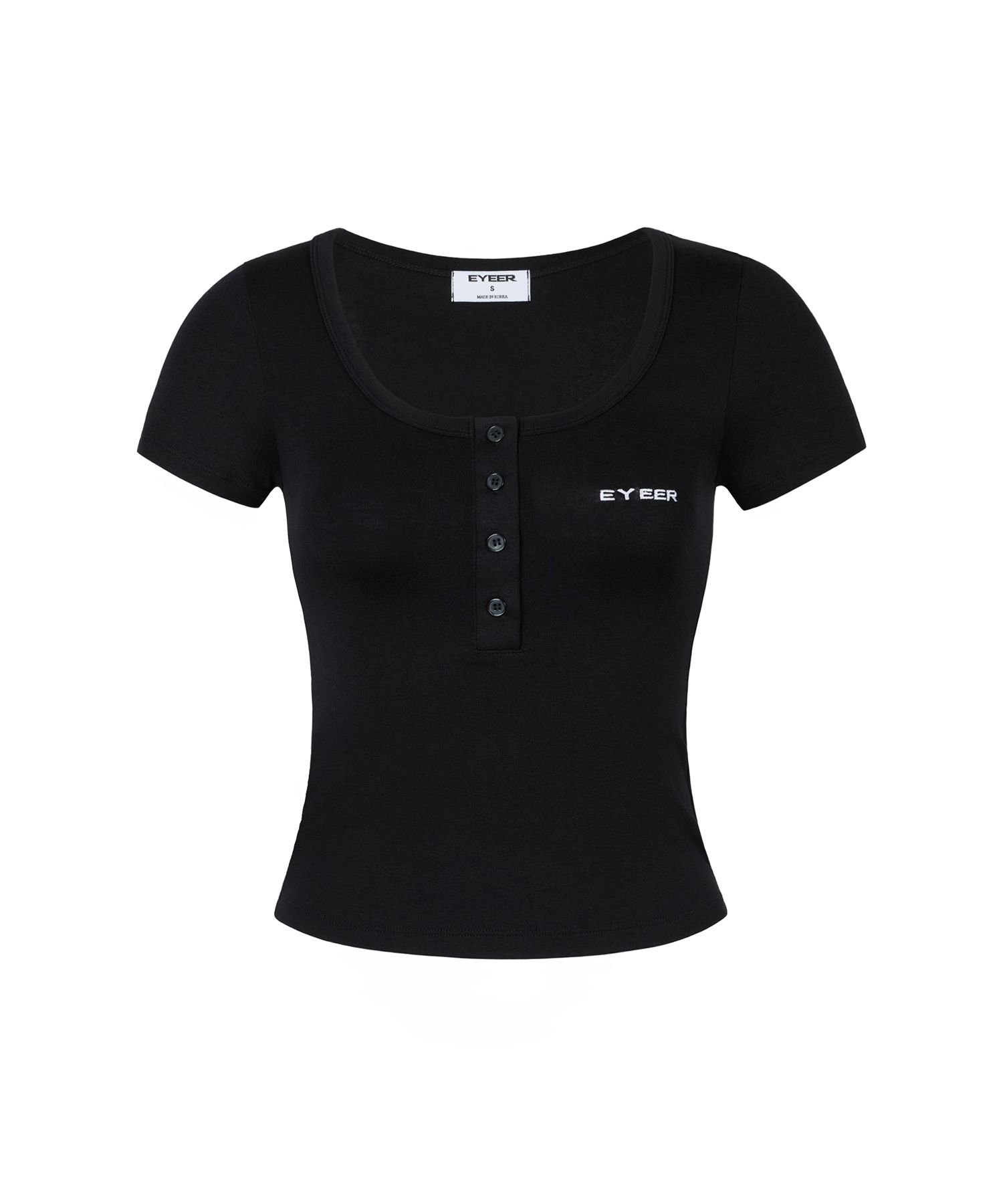 EYEER トップス 韓国 MUSINSA MUSINSA | EYEER Basic Logo Button Short Sleeve Top - Black
