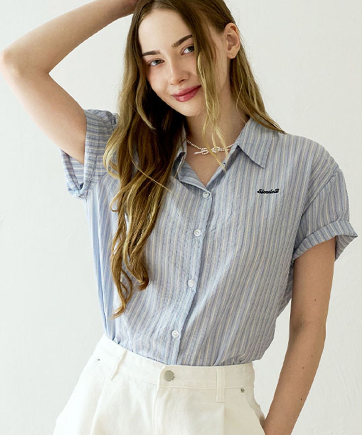 슬로우롤리(SLOWLOLLI) Accent stripe short-sleeve shirt_2 Colors