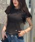 LACE FRILL SLIM CROP PLEATS T SHIRT BLACK