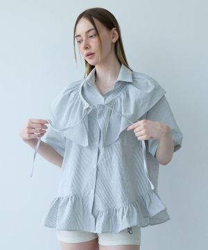 Stripe Frill Belt Set Shirt-White