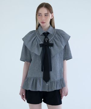 Stripe Frill Belt Set Shirt-Charcoal