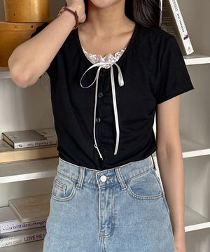 레이스 레이어드 스판 반팔 가디건형 티셔츠