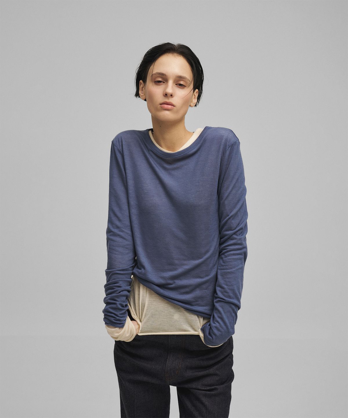 어나더오피스 우먼(ANOTHER OFFICE WOMEN) w. Tencel Sheer Rib Tee (Smoky Blue)