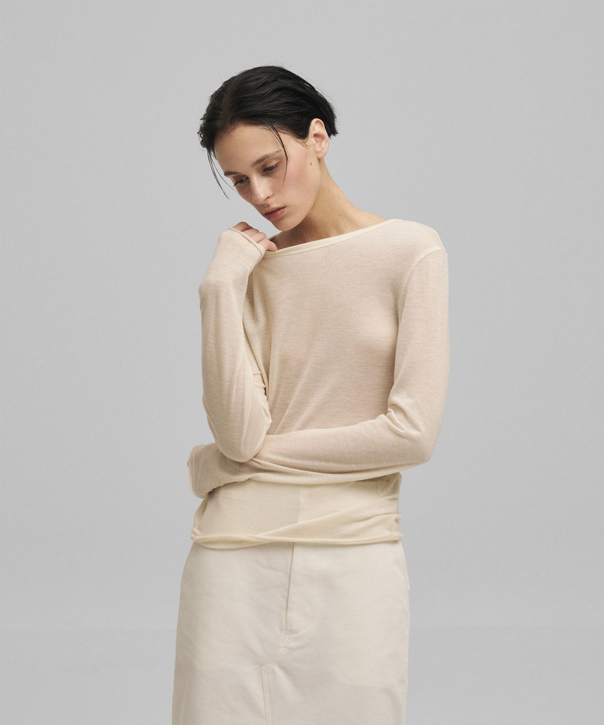 어나더오피스 우먼(ANOTHER OFFICE WOMEN) w. Tencel Sheer Rib Tee (Ecru)