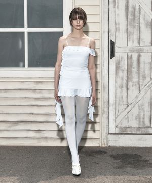 White solid ruffle drawstring top