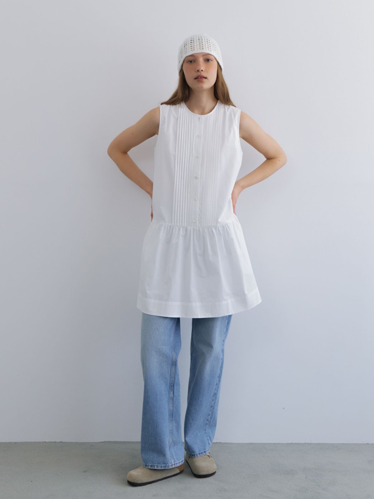 어나우트(UNNOUT) PINTUCK SHIRT DRESS WHITE