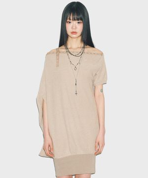 D07.00 Unbalanced boat neck short-sleeved Dress _ Beige