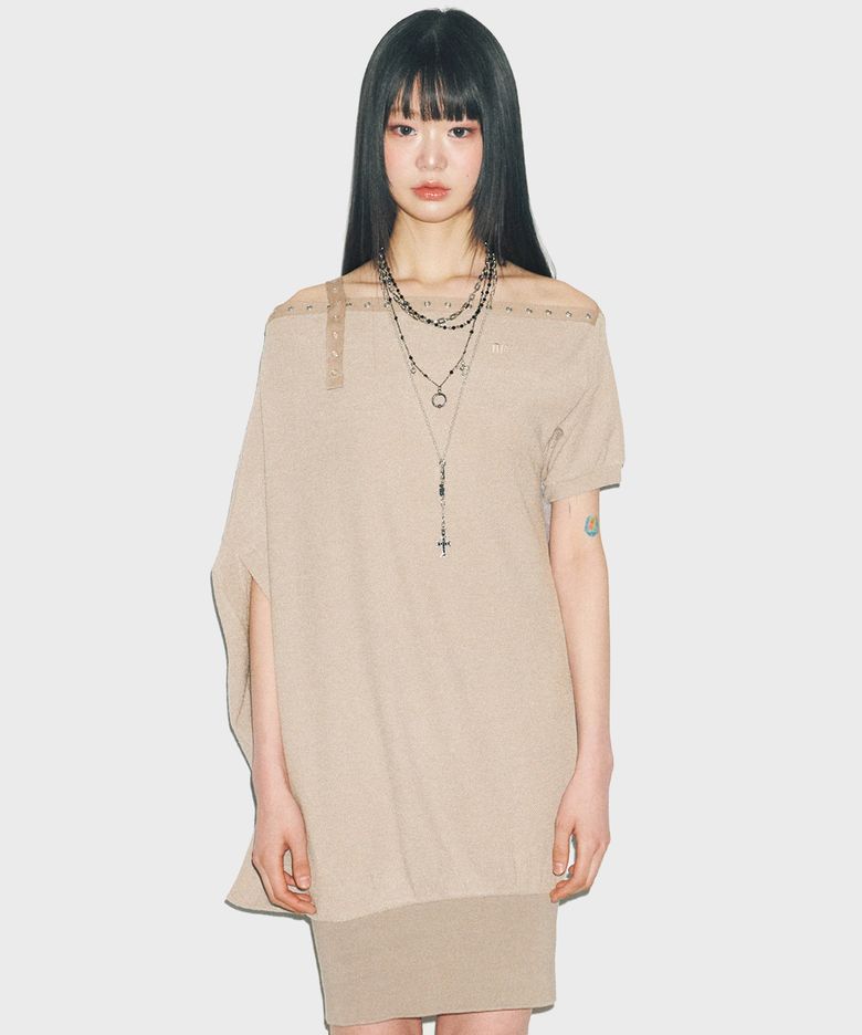 D07.00 Unbalanced boat neck short-sleeved Dress _ Beige
