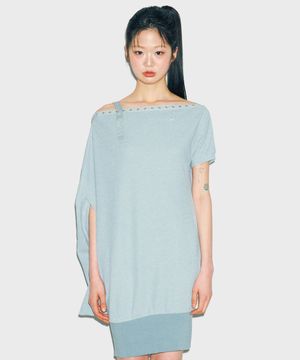 D07.00 Unbalanced boat neck short-sleeved Dress _ Mint