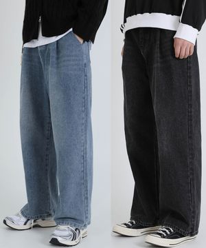 [2PACK] 핀턱 벌룬핏 와이드 데님팬츠