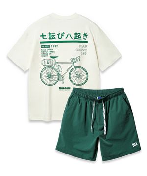 [SET] 바이시클 오버핏 반팔티 스트링 포인트 우븐 반바지 셋업