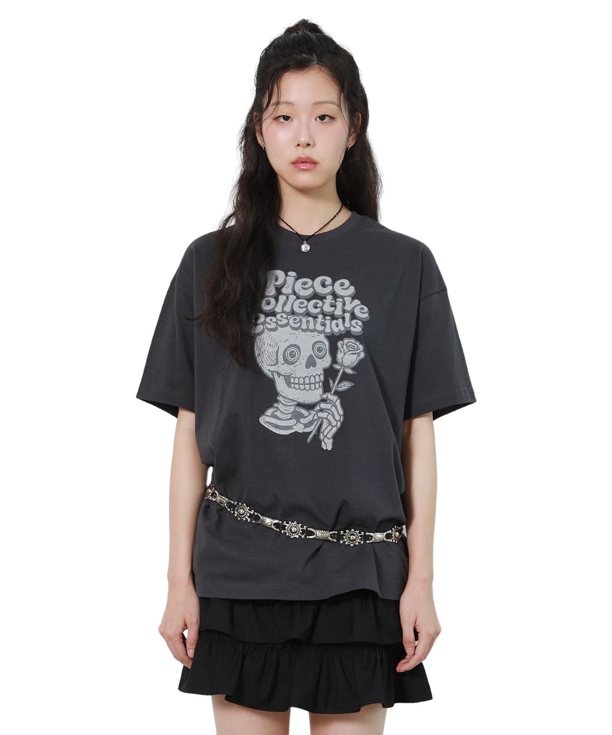 피스메이커(PIECE MAKER) VINTAGE ROSE N SKULL TEE (CHARCOAL)