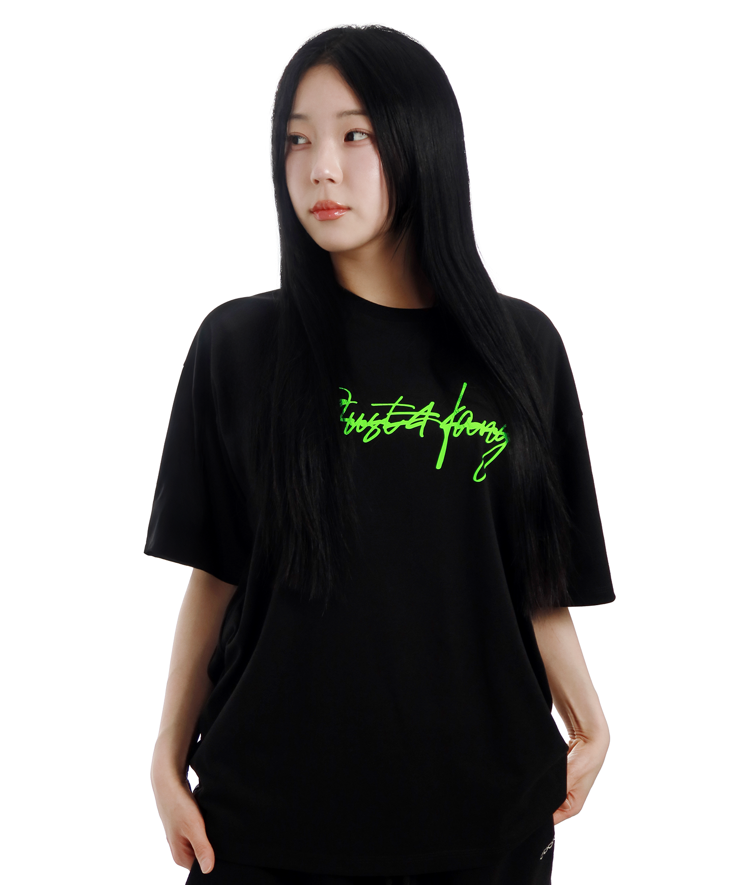 MUSINSA JUSTHANG Neon green big logo black oversized short