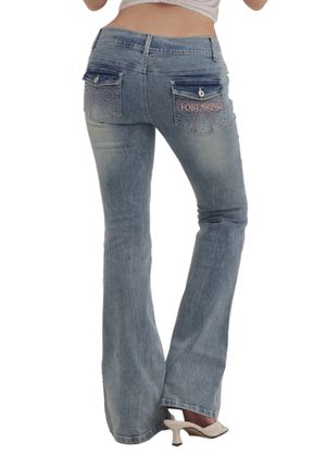 Ribbon stitch bootcut jeans (blue)