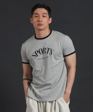 머슬핏 링거 반팔 티셔츠 - 그레이