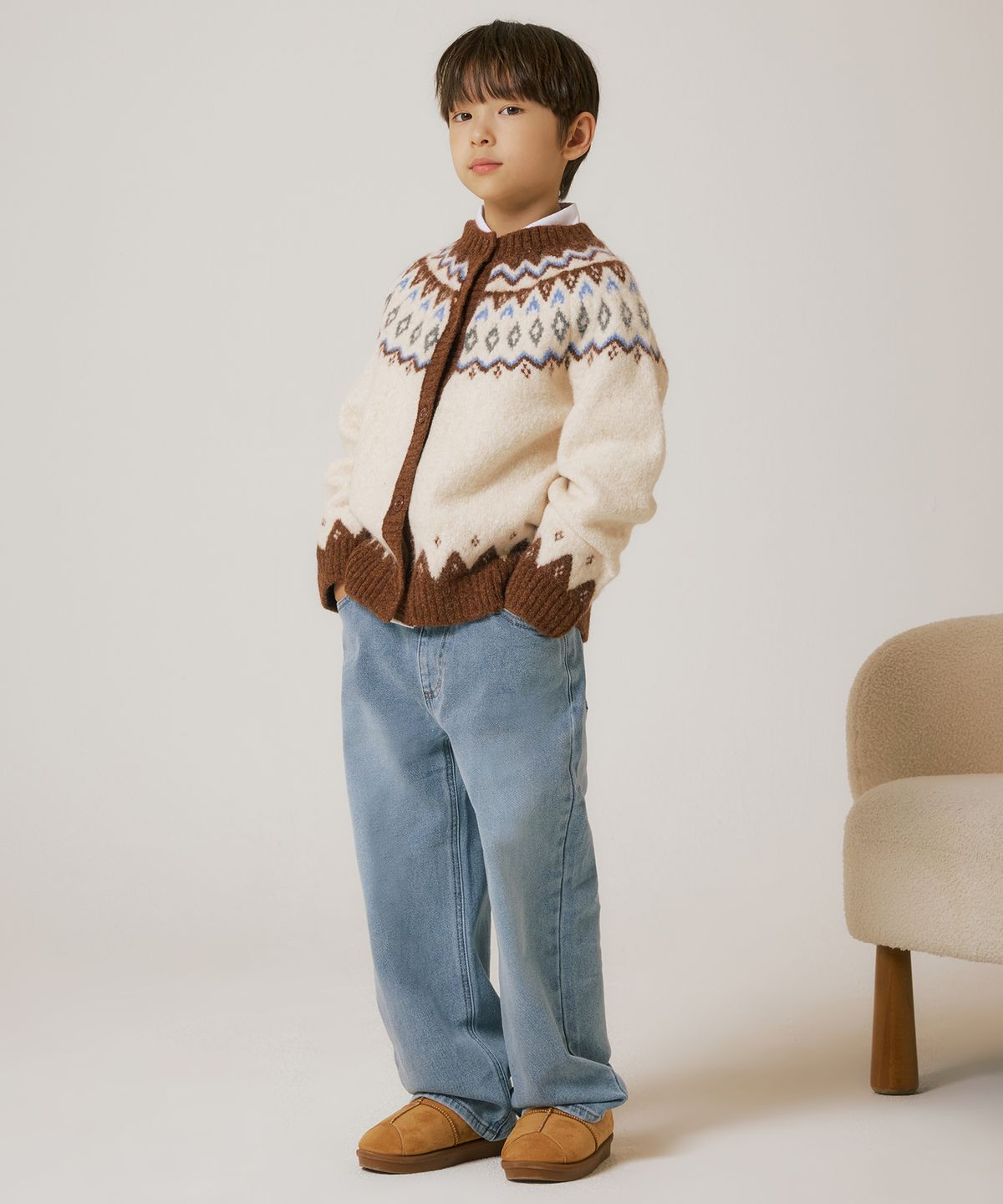 무신사 스탠다드 키즈(MUSINSA STANDARD KIDS) 페어 아일 라운드 넥 가디건 [크림]