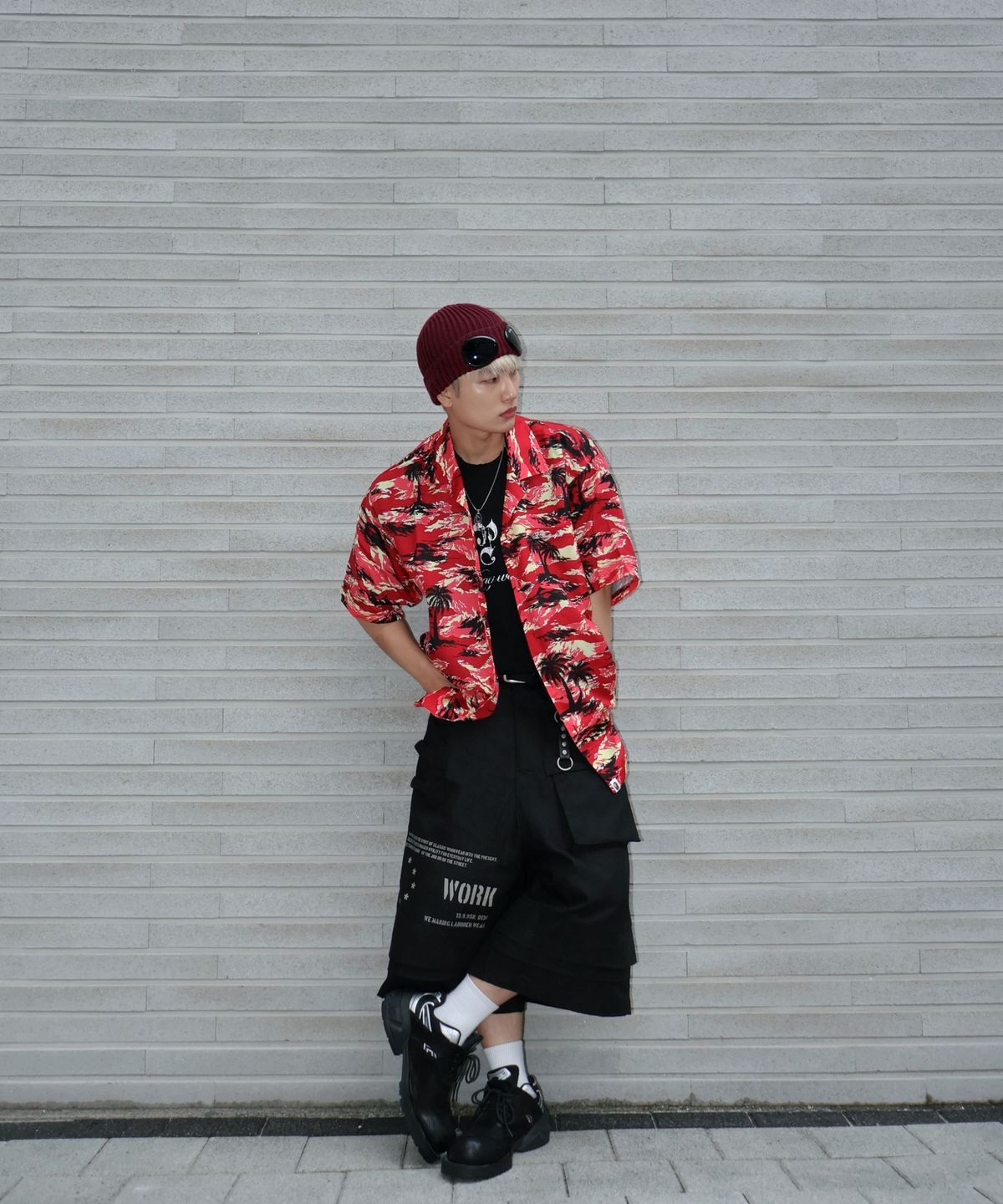 베이프(BAPE) 팜 트리 카모 오픈 칼라 포켓 SS 셔츠(M) RED