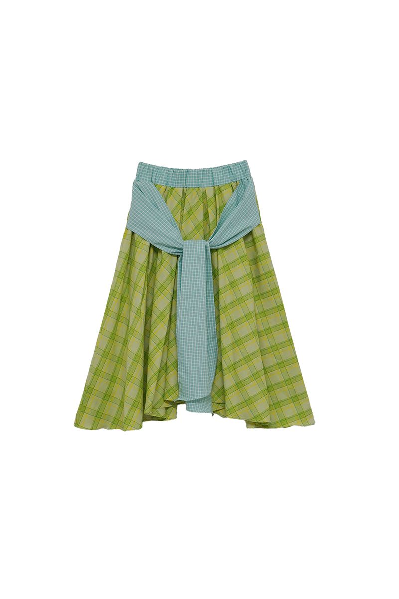 Check Tie Color Block Skirt (Yellowish Green)
