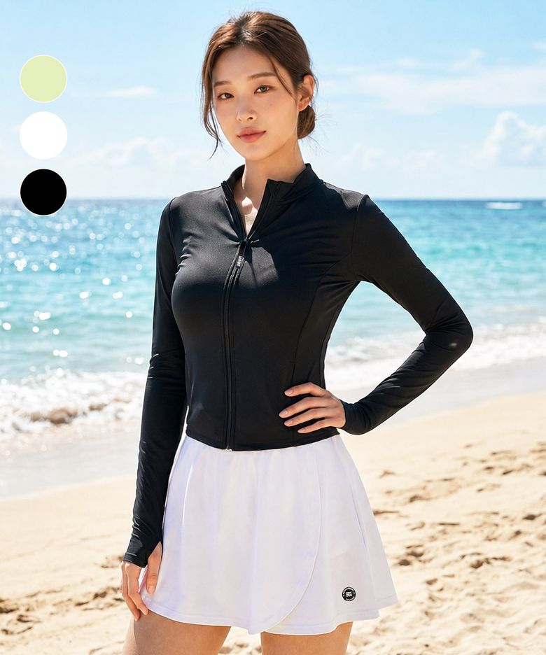 여성 세미 크롭 집업 핑거홀 래쉬가드 수영복 상의 (3color)/ RI373W