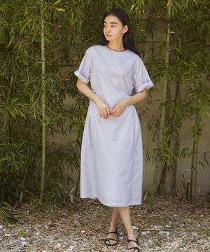 웨이스트 리본 스트라이프 롱 원피스 [블루]