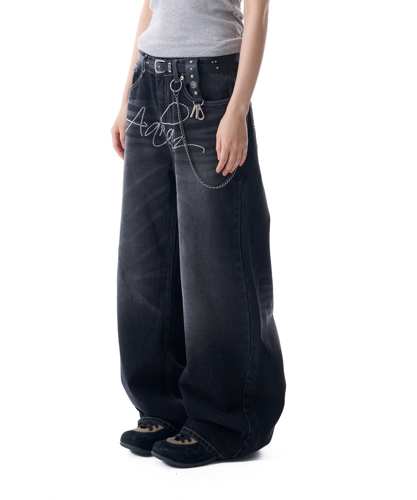 大人気★AAKAM★Rhinestone Washed Denim Pants(黒/追跡O) MUSINSA | AAKAM Rhinestone Washed Denim Pants (Black)