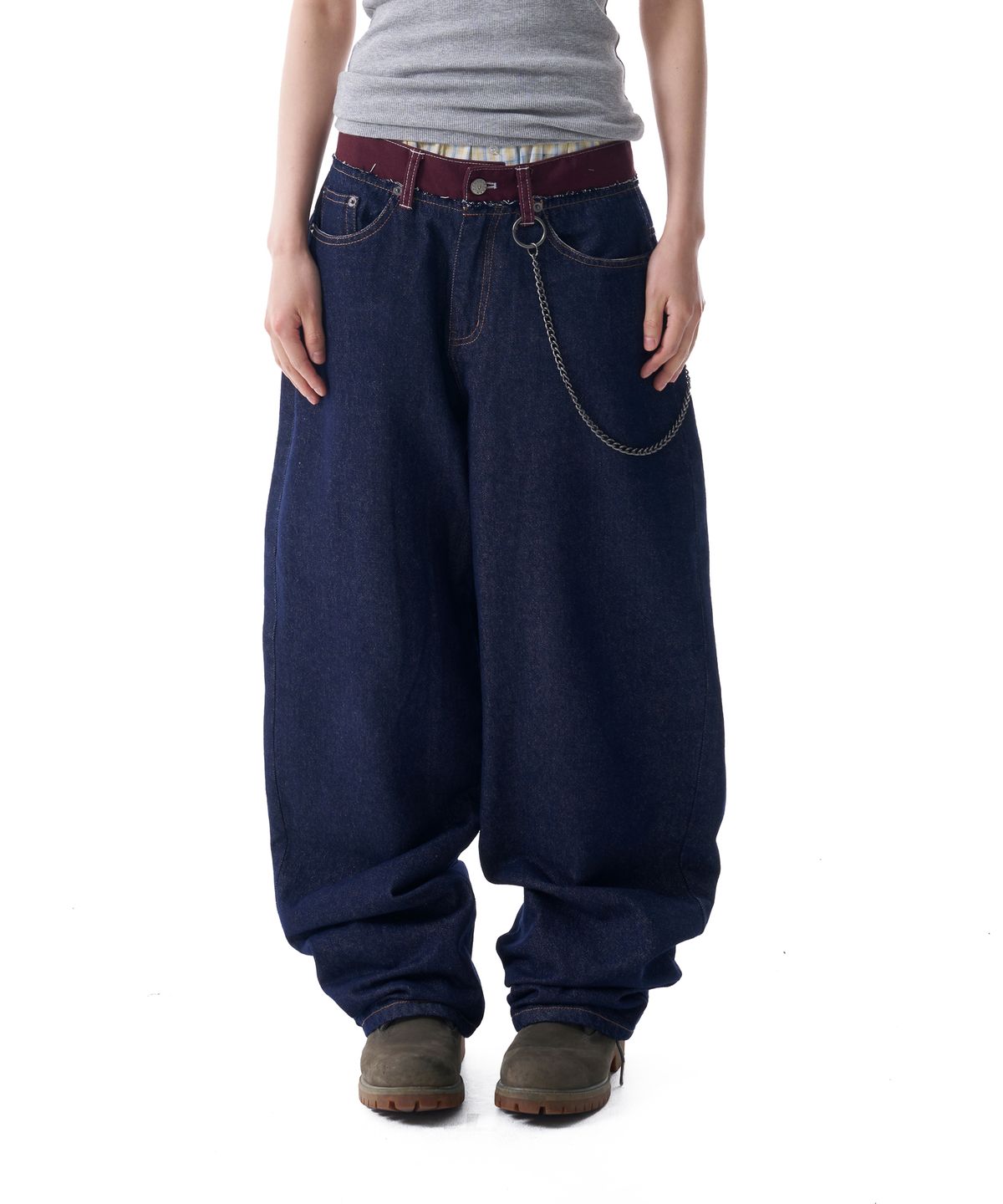 아캄(AAKAM) Waist Contrast Denim Pants (Dark Blue)