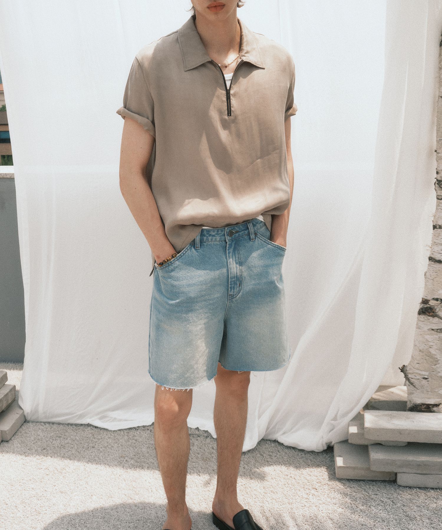 【NONCODE】(Unisex) Mare Half Damage Denim Pants damage denim pants(unisex)/blackwhite | KNUTH MARF