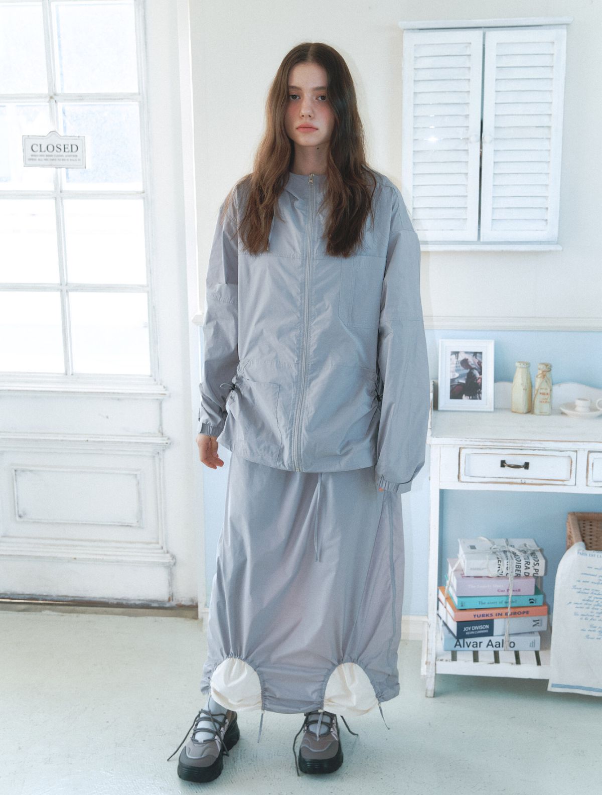 클루니(CLUNY) Utility Windbreaker Long Sleeve Anorak - gray