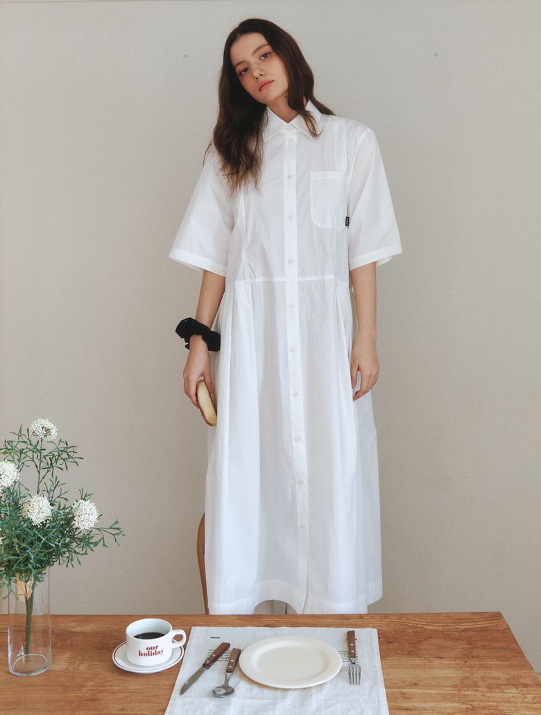 Pintuck Long Shirt Dress - white
