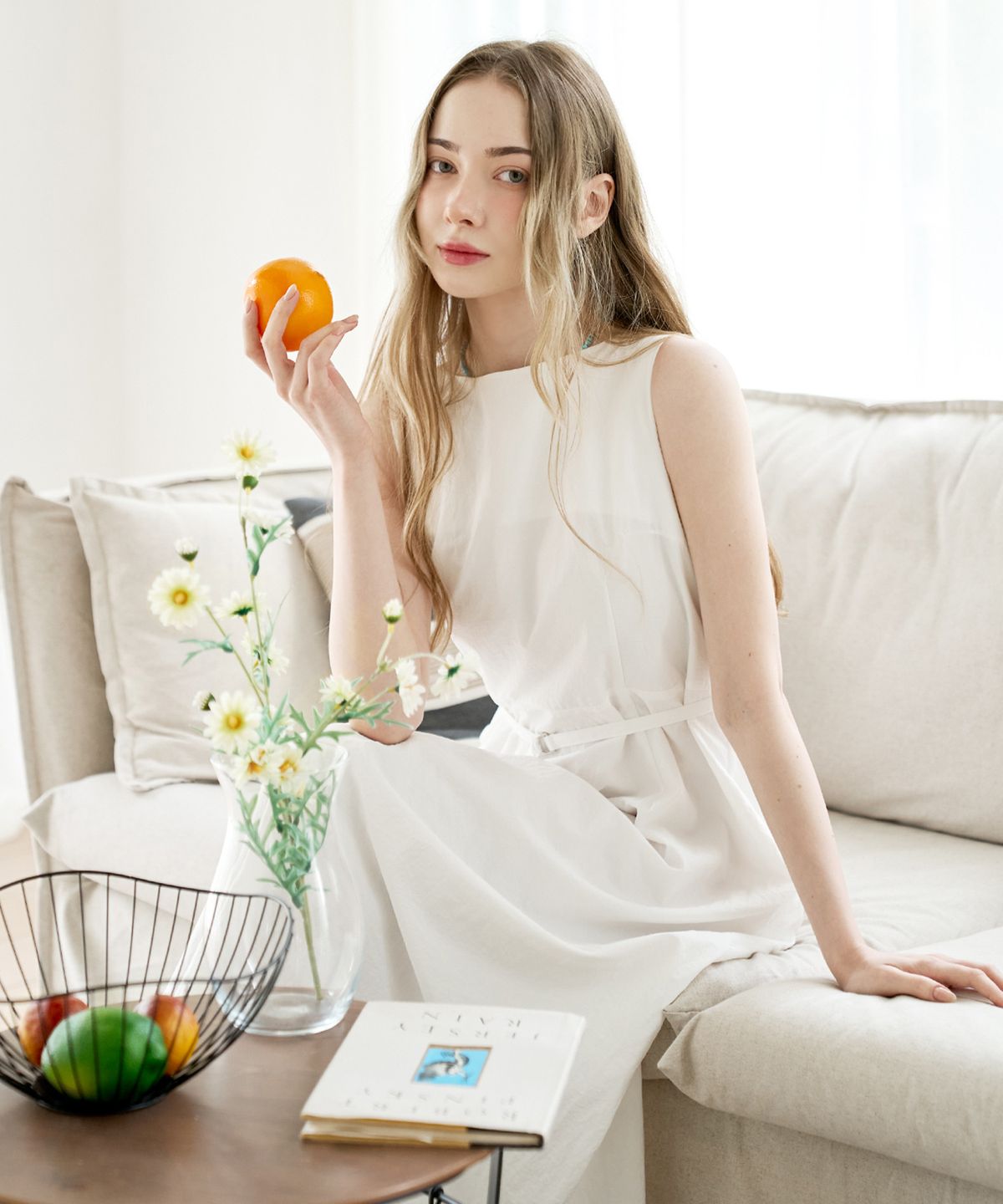 슬로우롤리(SLOWLOLLI) Belted pintuck long sleeveless dress_3 Colors