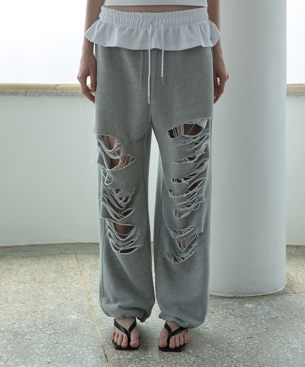 렌세(RENSE) Damage Sweat Pants Melange Gray