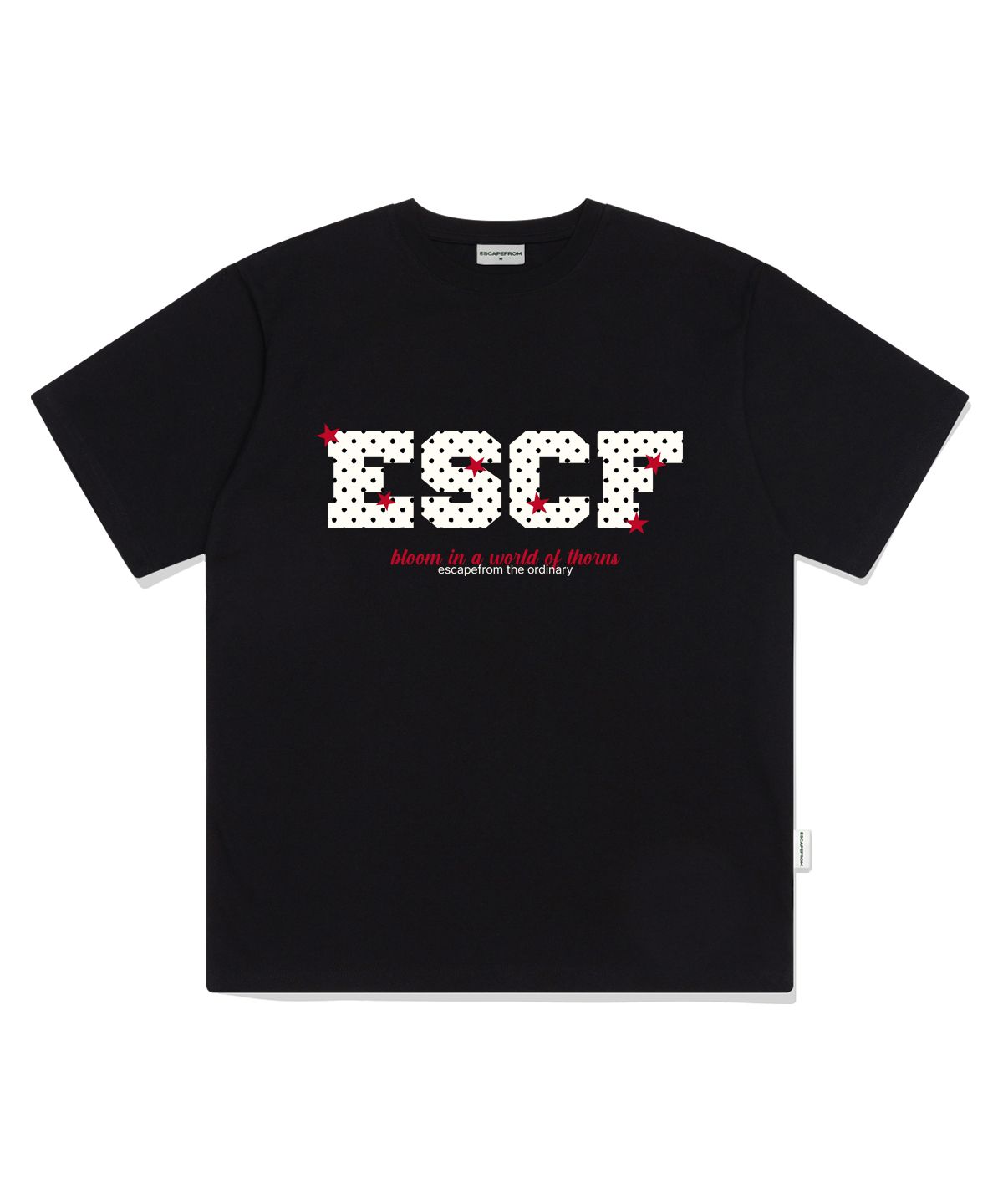 이스케이프프롬(ESCAPEFROM) 도트 스타 블룸 프린트 오버핏 반팔티 블랙