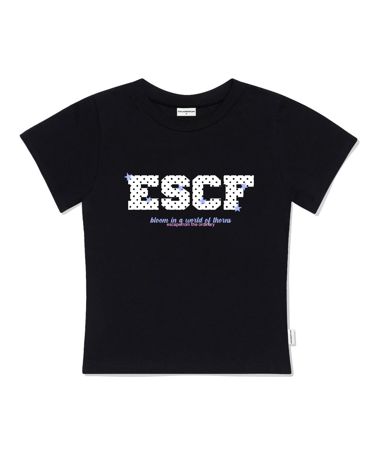 이스케이프프롬(ESCAPEFROM) 도트 스타 블룸 프린트 슬림핏 반팔티 블랙