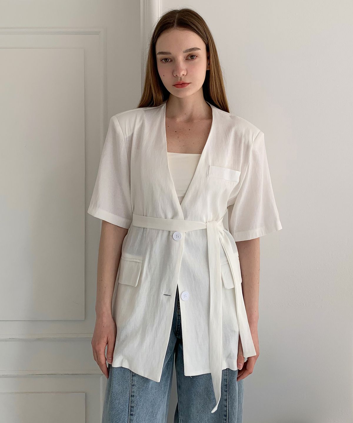 바스카라(VASCARA) Collarless Linen Single Short-Sleeve Jacket (3colors)