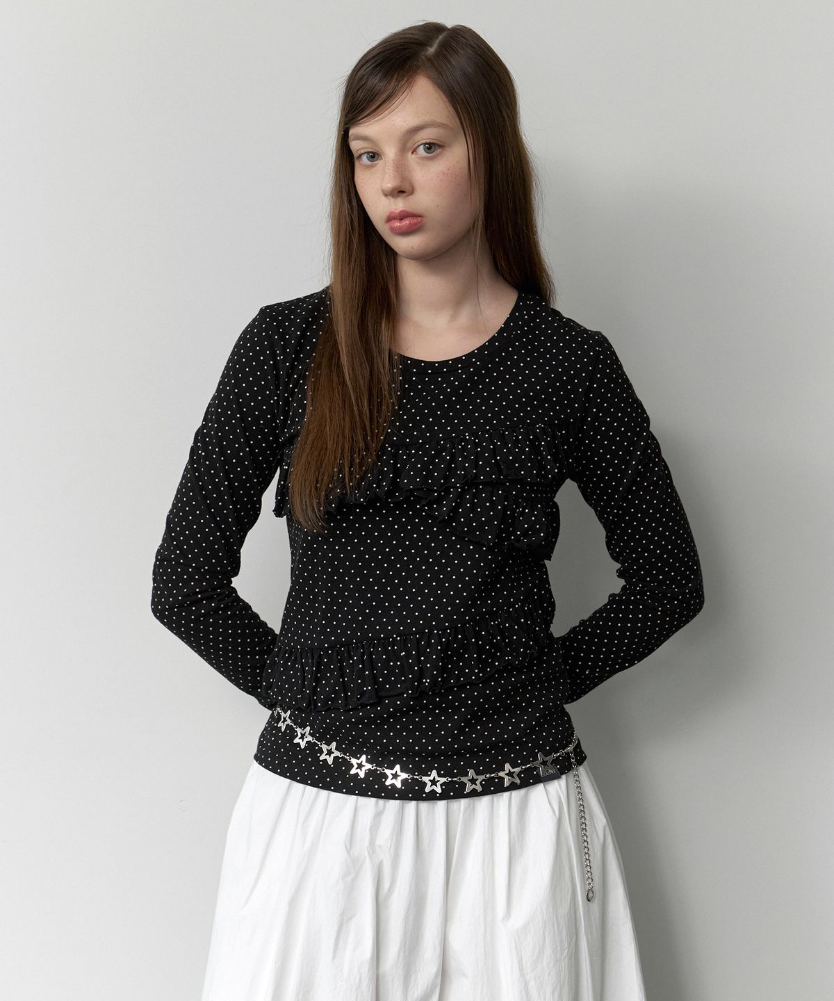 클루니(CLUNY) Frill Lace Dot Long Sleeve T-Shirt - black